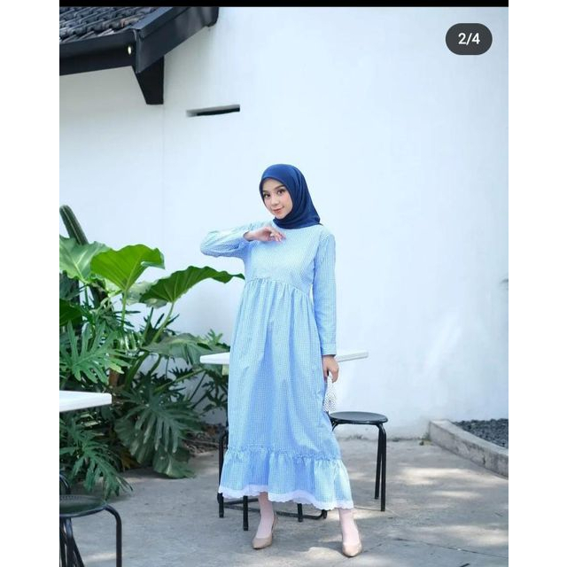 kamila midi dress muslimah dres katun terbaru gamis kotak kotak maxi casual motif