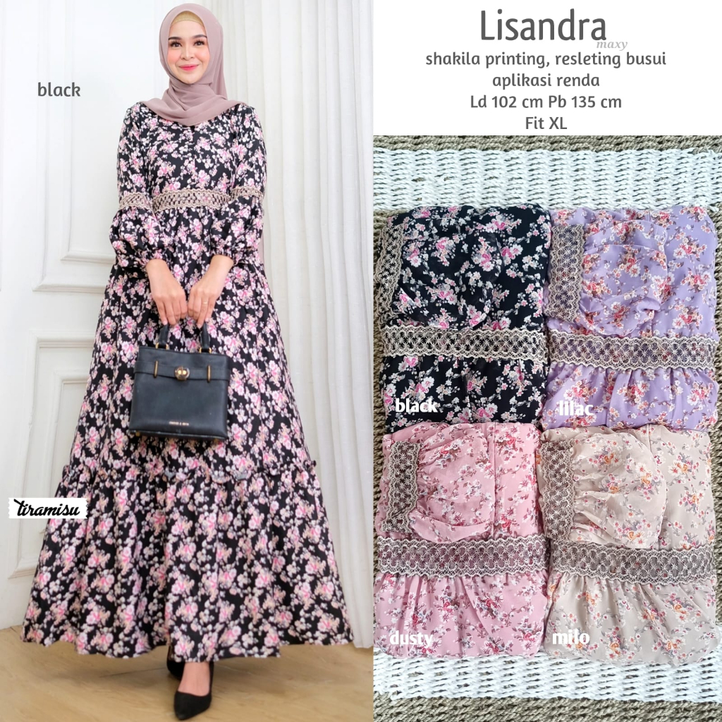 LISANDRA DRESS / 1.7 / BAHAN SHAKILA PRINTING / LD 102 CM / PB 135 CM / ALLSIZE JUMBO / FIT TO XL / TIRAMISU