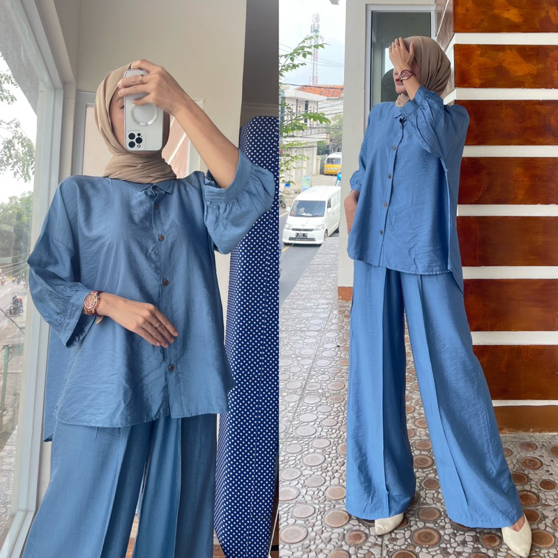 SETELAN MAHIRA POLO LINEN/ONE SET KAMEJA BLOUSE POLO LINEN OOTD HIJAB