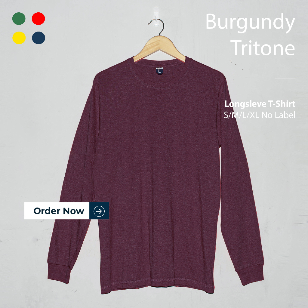 KAOS POLOS BURGUNDY TRITONE PRIA WANITA LENGAN PANJANG UKURAN S-XL BAHAN THREETONE 30S ORGINAL