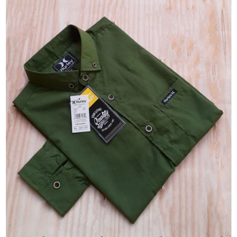 KEMEJA HIJAU ARMY PANJANG HEM POLOS PRIA LENGAN PENDEK HIJAU ARMY KEMEJA POLOS