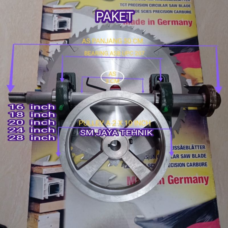Paket gergaji serkel AKM GERMANY TCT 20 inch 22T + As panjang 50 cm + pulley dan bearing