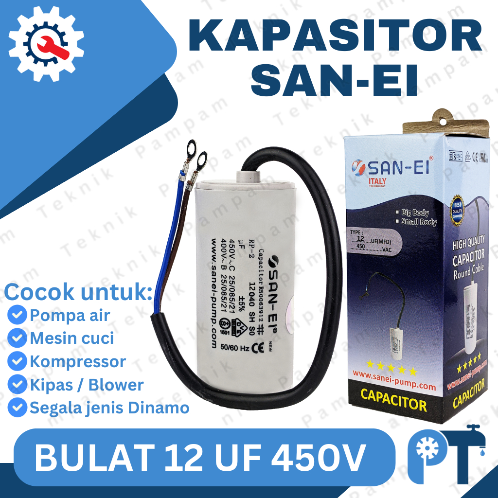 KAPASITOR SANEI 12UF 450V BULAT ORIGINAL / CAPACITOR SAN EI 12 UF 450 V TABUNG / KAPACITOR SE 12 MIK