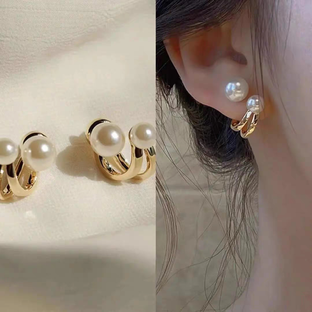 (Hello Girl)E48 Anting Tusuk Wanita Style Korea Motif Pita  Mutiara Permata Import