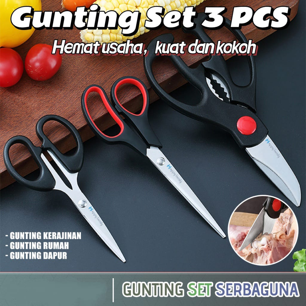 3IN1 GUNTING HITAM SET 3 IN 1 DAPUR RUMAH KERAJINAN HARGA HEMAt