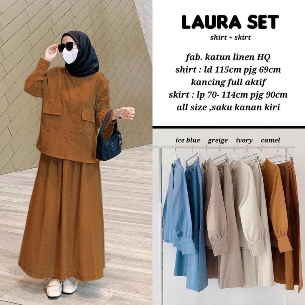 Laura Set l Setelan Rok Wanita Remaja Muslim 2in1 Matt Katun Linen Polos Basic OOTD Casual Daily Fashion Terlaris