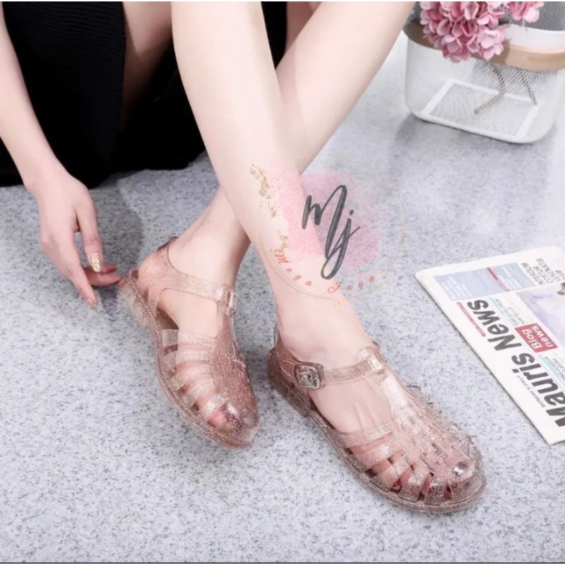 Sandal Jelly Transparant Glitter/ Meisha Jelly Shoes Dewasa/ Sandal Jelly Wanita Import