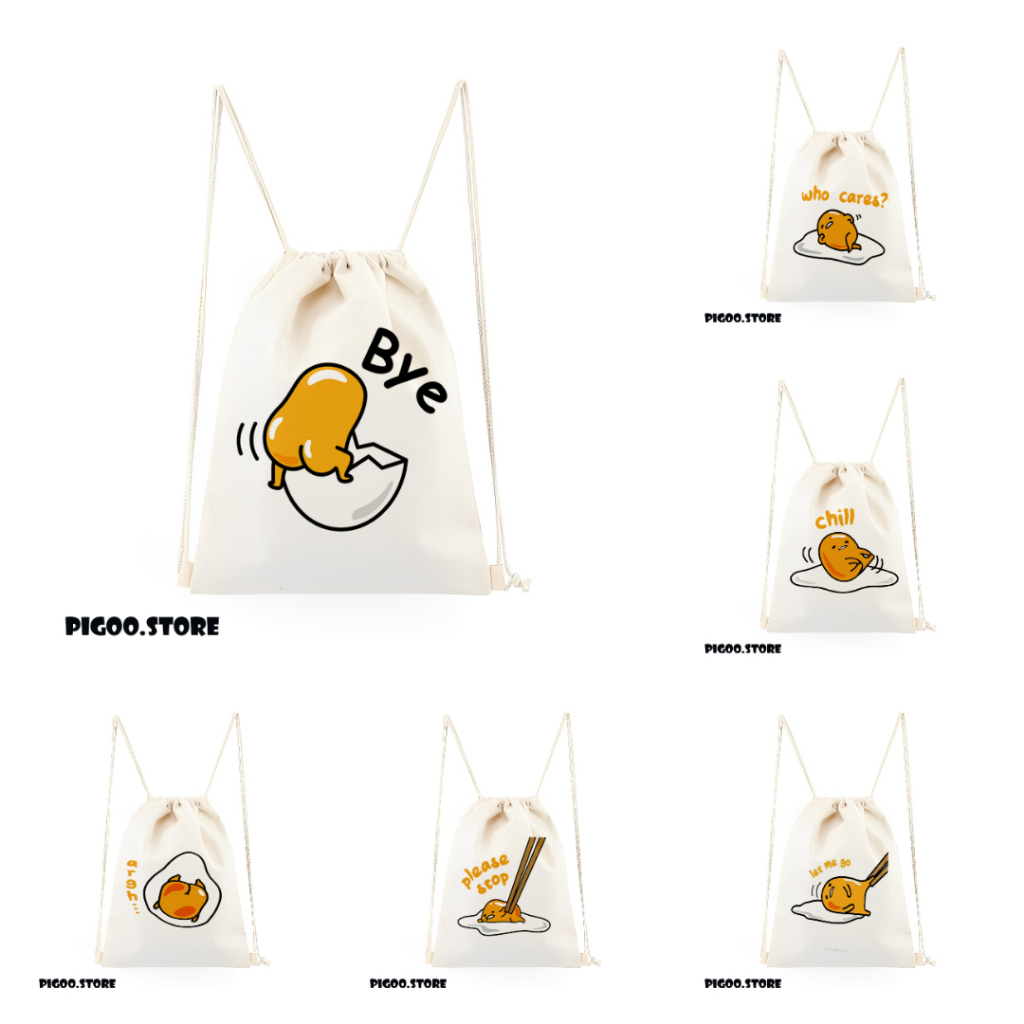 Tas Serut Kanvas Putih Gudetama Lucu / Tas Serut Gendong Wanita / Tas Anak / Tas Serut Korea Aesthet