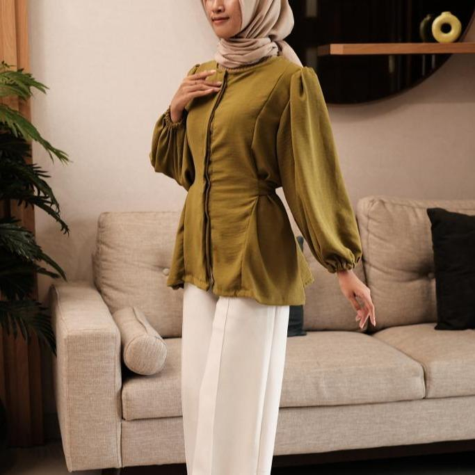 Blouse Kemeja Wenna / Atasan Wanita Crincle Airflow Lengan Balon Full Kancing