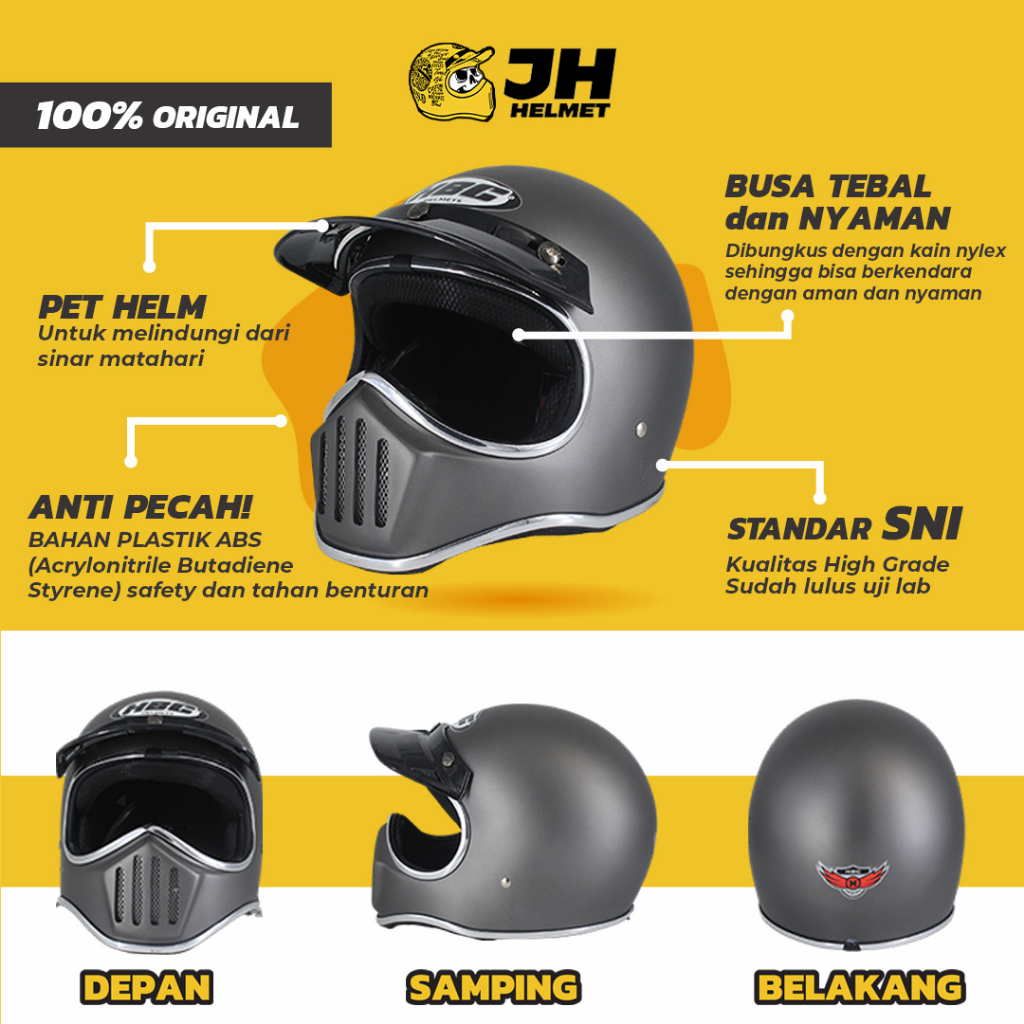 Helm Cakil HBC List Chrome Grey Doff + FREE GOGGLE | Retro Full Face | JUAL HELM