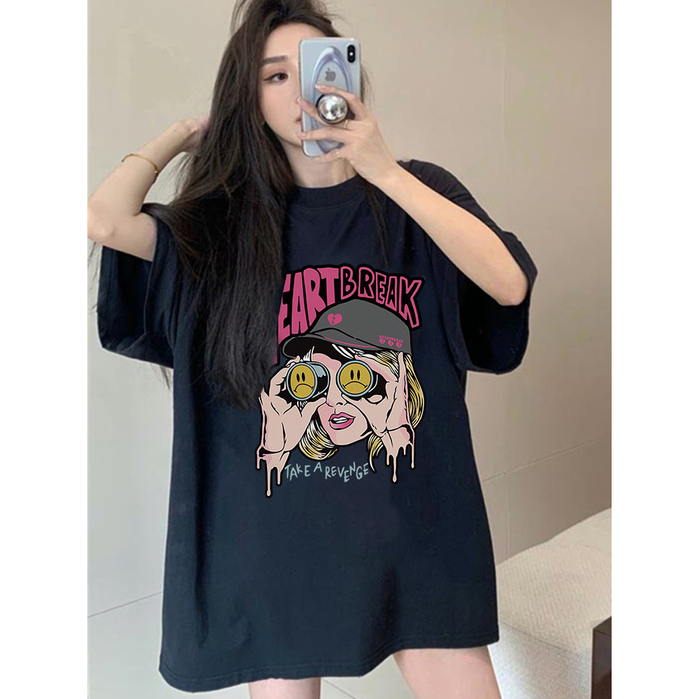 Kaos Lengan Pendek Cream Atasan Wanita Oversize Printed T-shirt Kekinian Korean Style