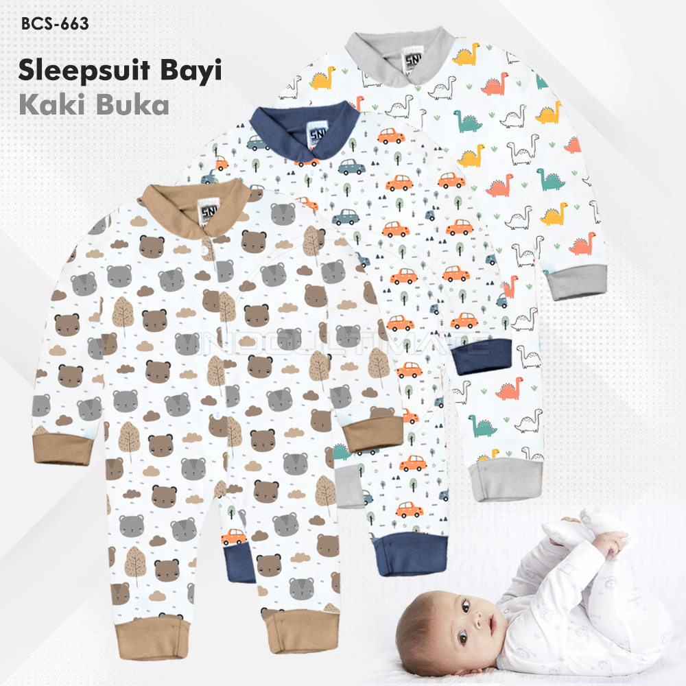 Sleepsuit BCS-663 Jumpsuit Panjang Kaki Buka Piyama Newborn Full Print Jumper Bayi Baju Panjang Bayi Katun Model Terbaru 2023 Baju Tidur Panjang Kaki Buka Murah Kualitas Terbaik