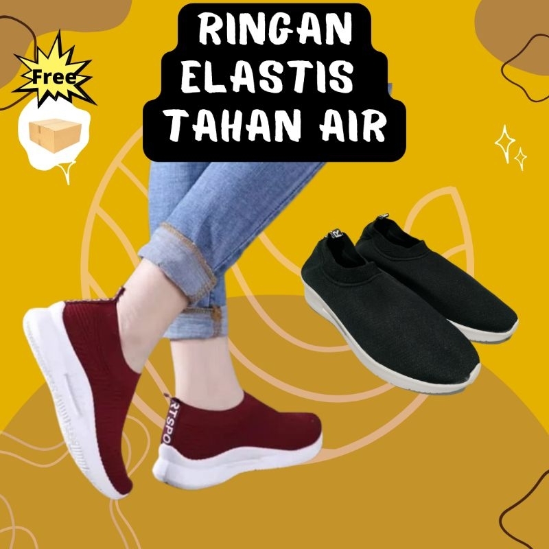 Sepatu Karet Kets Slip On Sneakers Fashion Olahraga Sport Running Wanita Cewek Murah Terbaru Maroon