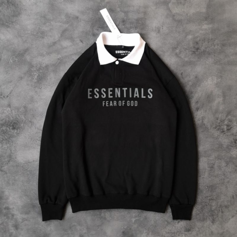 RUGBY JAKET SWEATER ESSENTIALS FEAR OF GOD HITAM FULLTAG &amp; LABEL