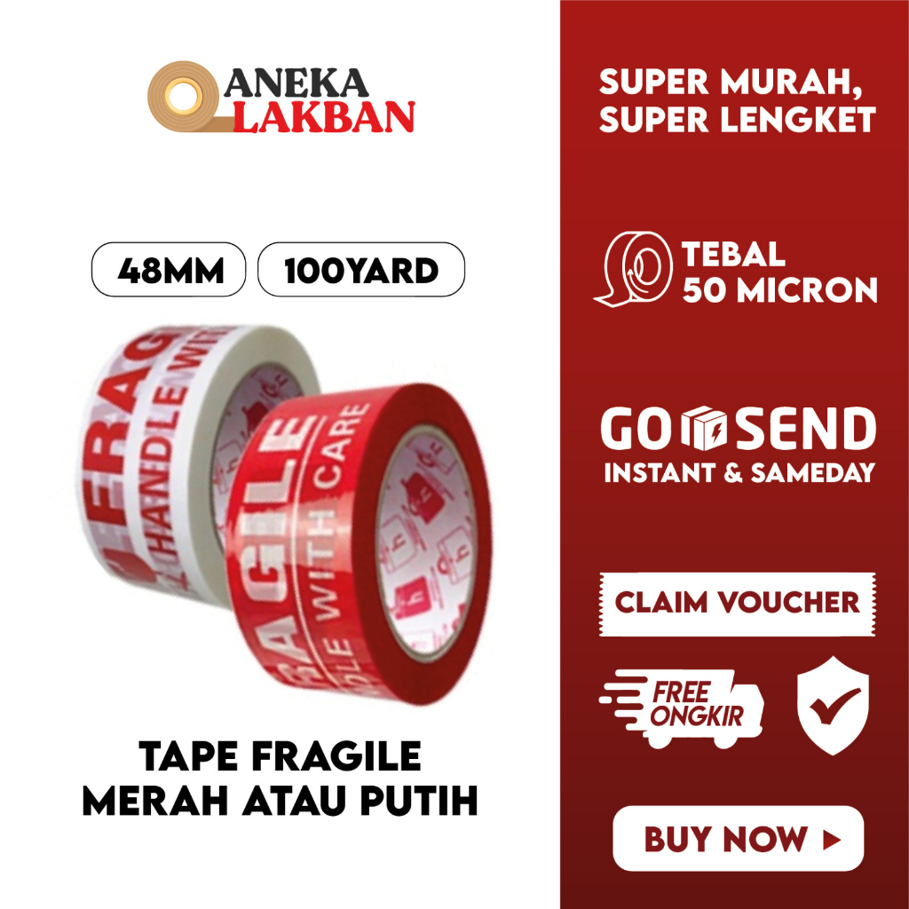 

HORICI LAKBAN FRAGILE MERAH PUTIH 48MM x 100Y ISOLASI JANGAN DIBANTING MUDAH PECAH BELAH