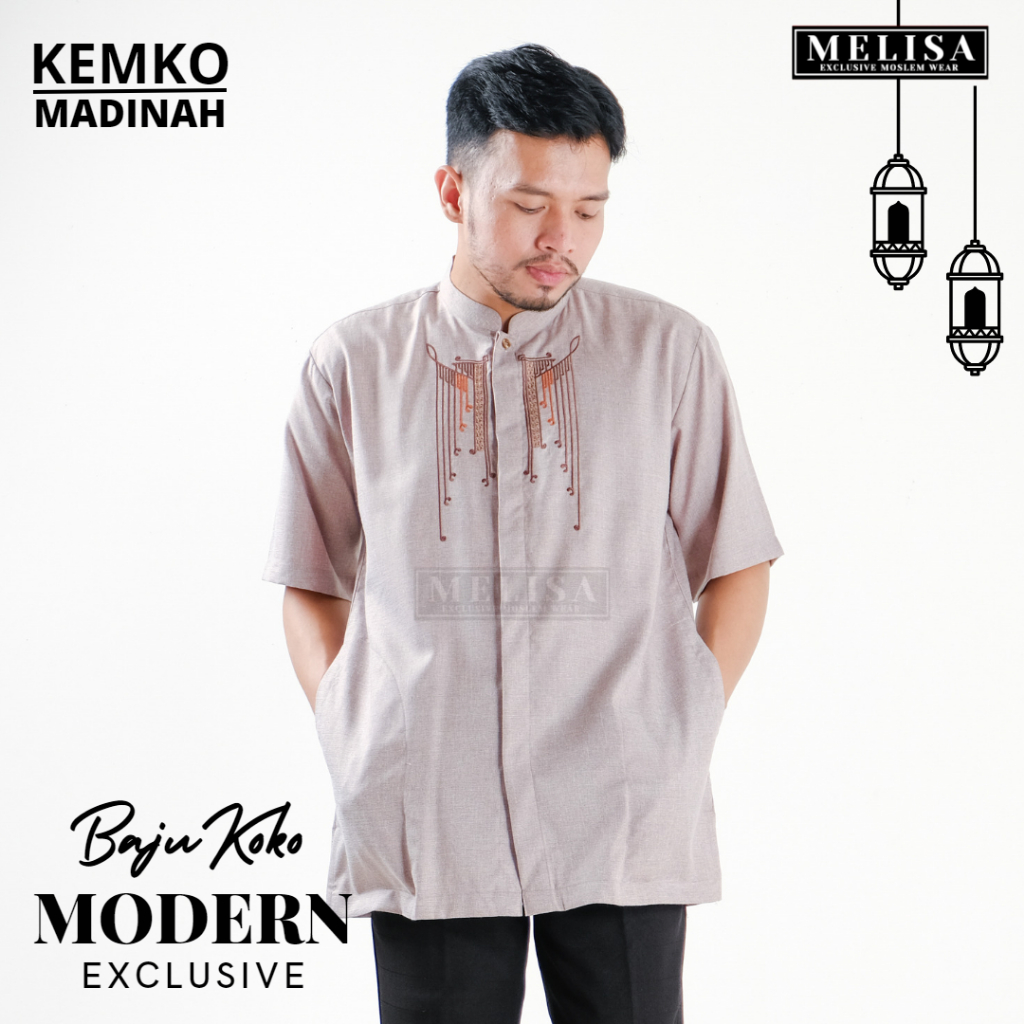 Baju Koko Pria Kemko Lengan Pendek Bahan Katun Madinah Size M L XL Motip Bordir Warna Coklat-B03