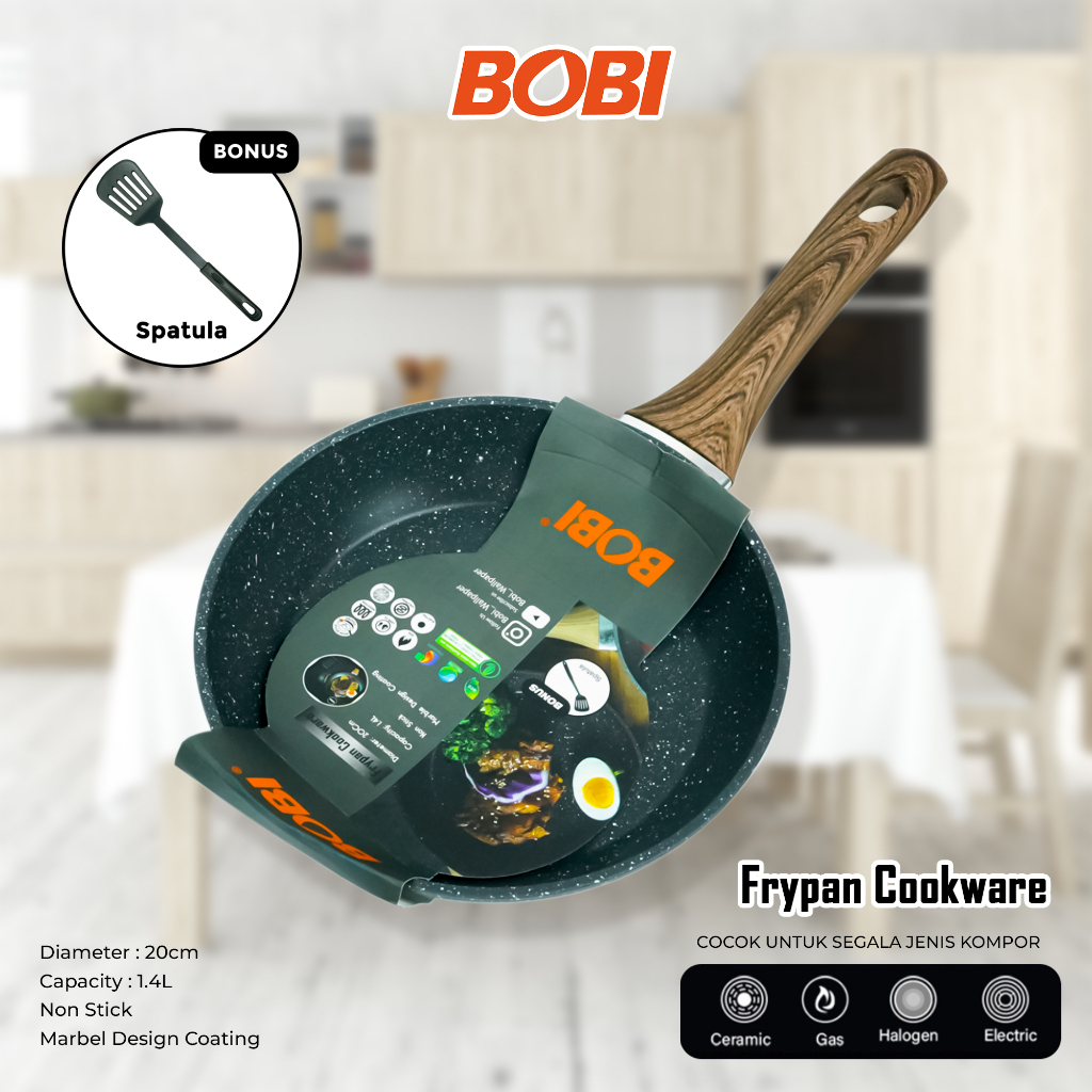 Frypan Cookware kode BB-F-20 atau Wajan Tebal 20cm Pegangan Kayu Anti Lengket // Frypan + Spatula (Warna Random)