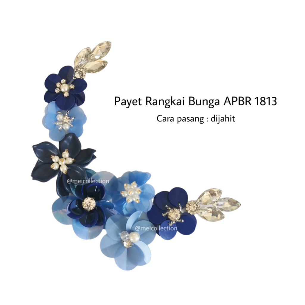 payet rangkai bunga 3D dada pinggang pundak leher APBR 1813 blue silver navy gaus pesta kebaya bali 