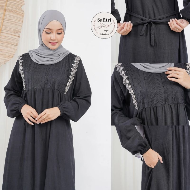 HAYFA DRESS bahan Polo Linen Putih Hitam Manasik Haji Umroh Thawaf aplikasi brokat dan renda by Safitri Fashion