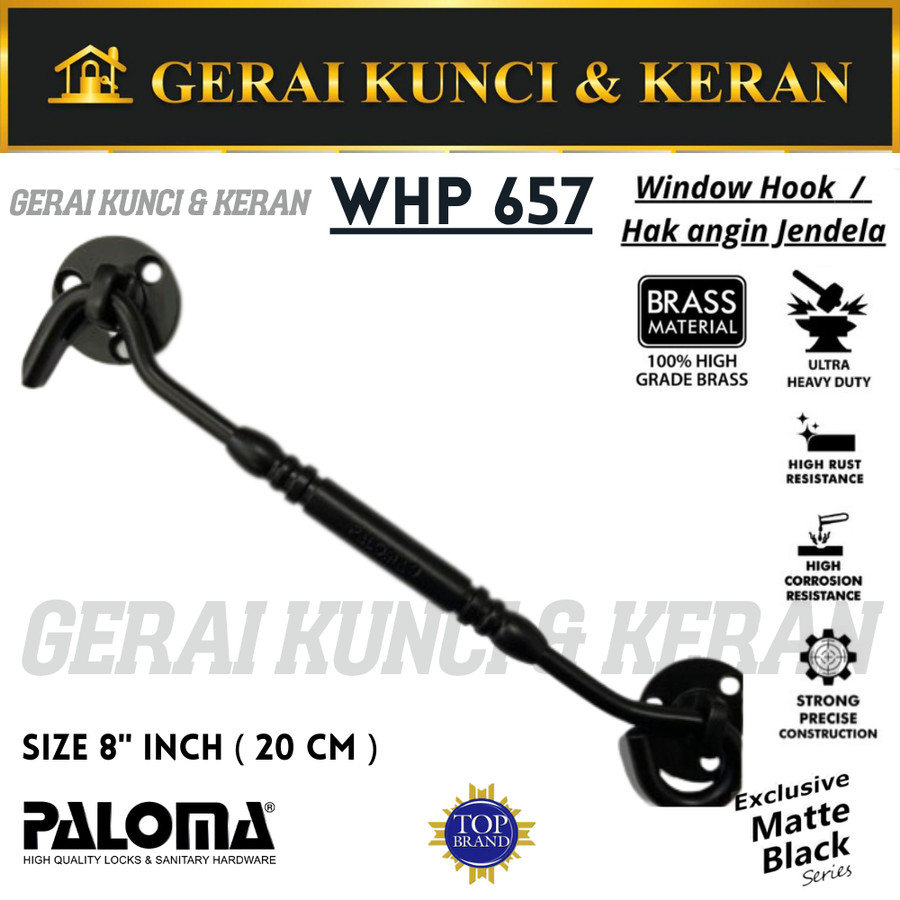 PALOMA WHP 657 BRASS 8&quot; ( 20CM ) HAK ANGIN PENAHAN JENDELA BLACK HITAM