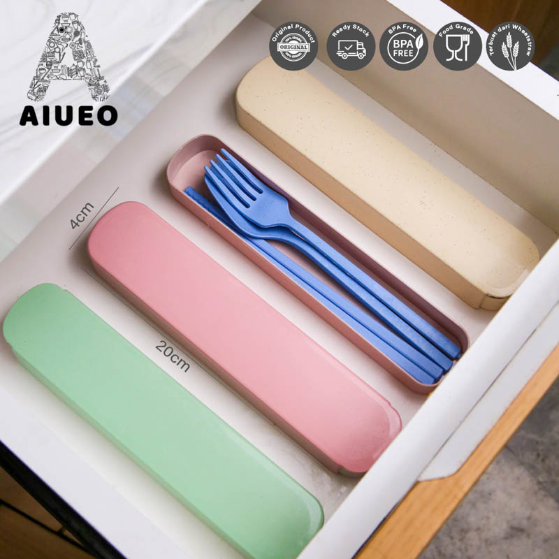 AIUEO Set 3 Pcs Alat Makan Sendok Garpu Sumpit / Spoon Fork Chopsticks Wheatstraw