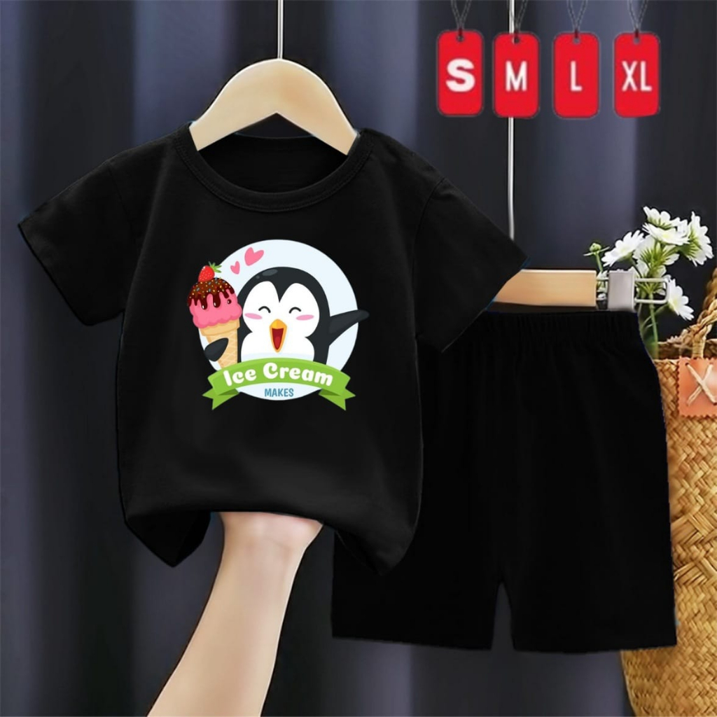 Setelan Kaos Anak Pendek Pinguin Ice Cream/oneset SP