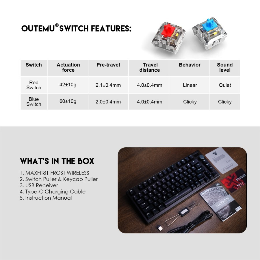 Fantech Maxfit81 Frost Wireless ABS Outemu Switch 75% Keyboard MK910