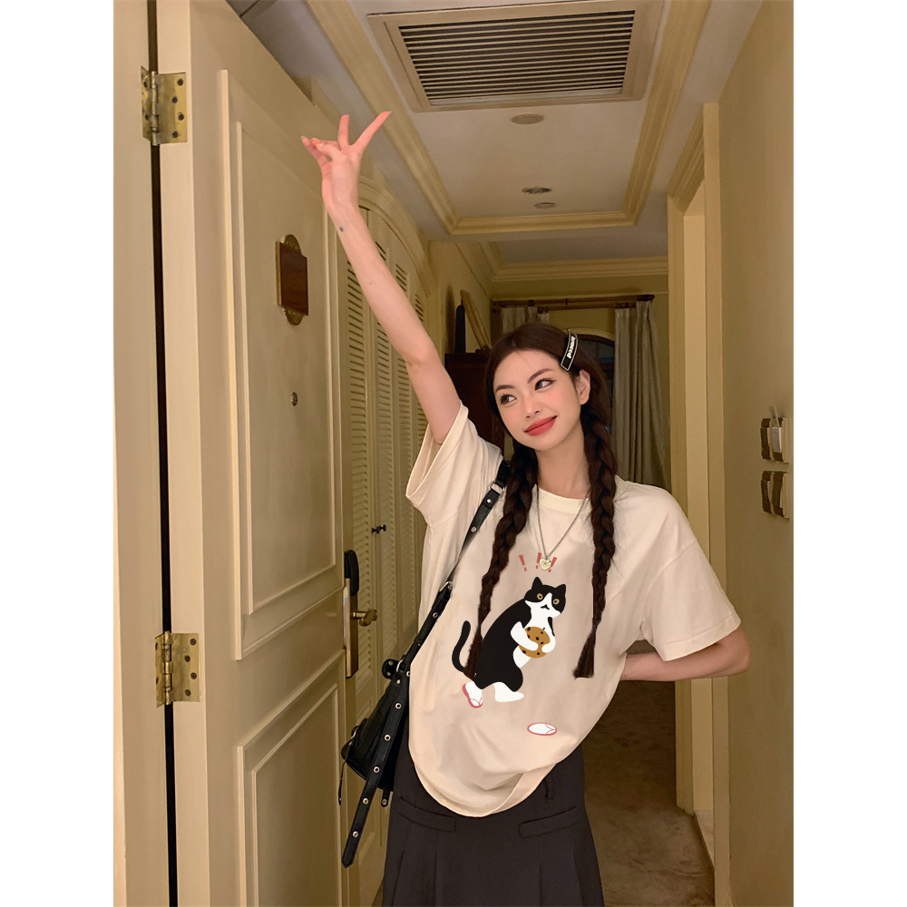 EUNII T-shirt Lengan Pendek Cartoon Surprised Cat Korean Style/Kaos Atasan Wanita/Baju Kaus Oversize Wanita/Kaos Wanita