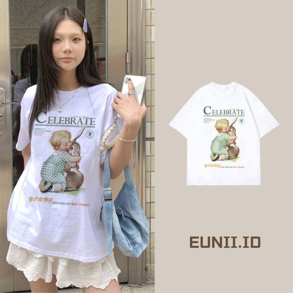 EUNII T-shirt Lengan Pendek Cartoon Boy Bunny Korean Style/Kaos Atasan Wanita/Baju Kaus Oversize Wanita/Kaos Wanita