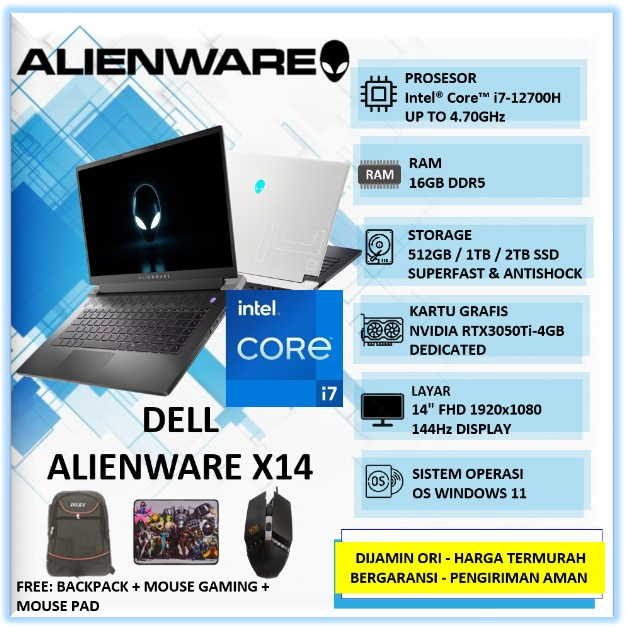 Laptop Gaming Editing Render Dell Alienware X14 Intel Core i7 Gen 12 Ram 16GB SSD 2TB RTX3050Ti 4GB 14" FHD Windows 11 Home