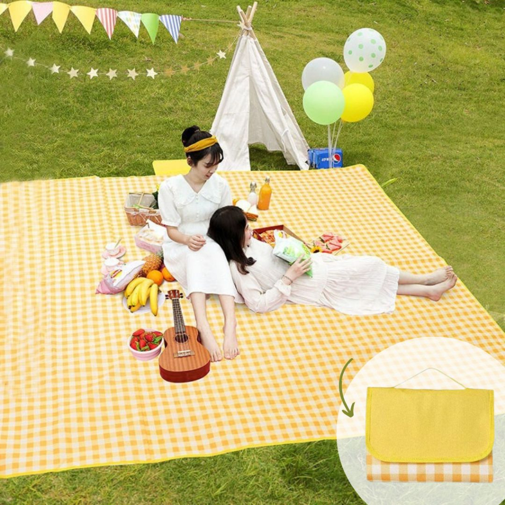 Tikar Piknik Lipat Waterproof Picnic Blanket Grid 150 x 200 CM - HNMYL - Yellow