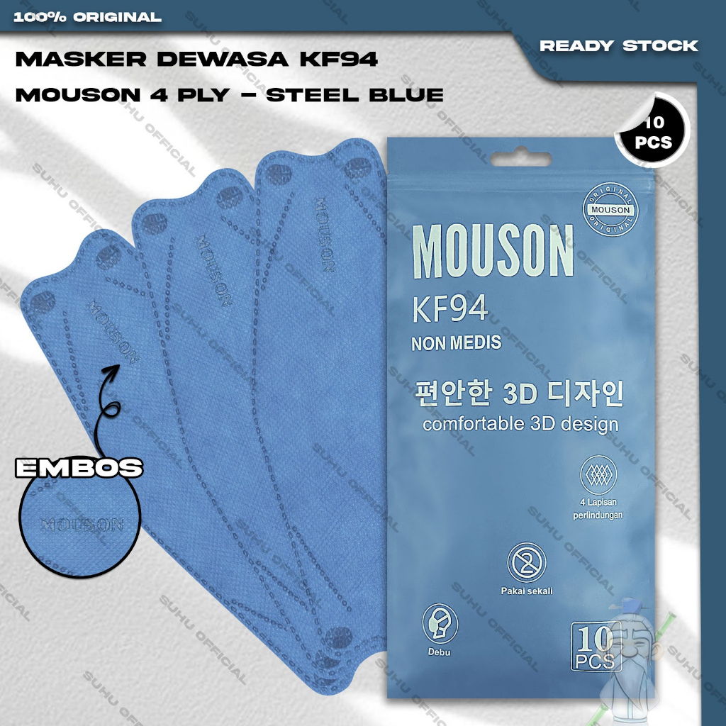 Masker KF94 MOUSON 4Ply Isi 10Pcs Steel Blue Biru Gelap Korea KF 94 4 Ply Earloop Surgical Mask