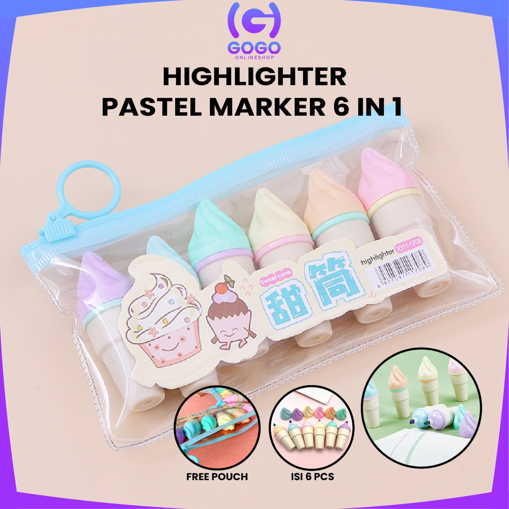 GOGO-A57 Highlighter Pen Es Krim Cone Monas 6 in 1 Free Pouch Penanda Berwarna / Spidol Highlighter Model Ice Cream Cone Unik Alat Tulis kantor Stationery