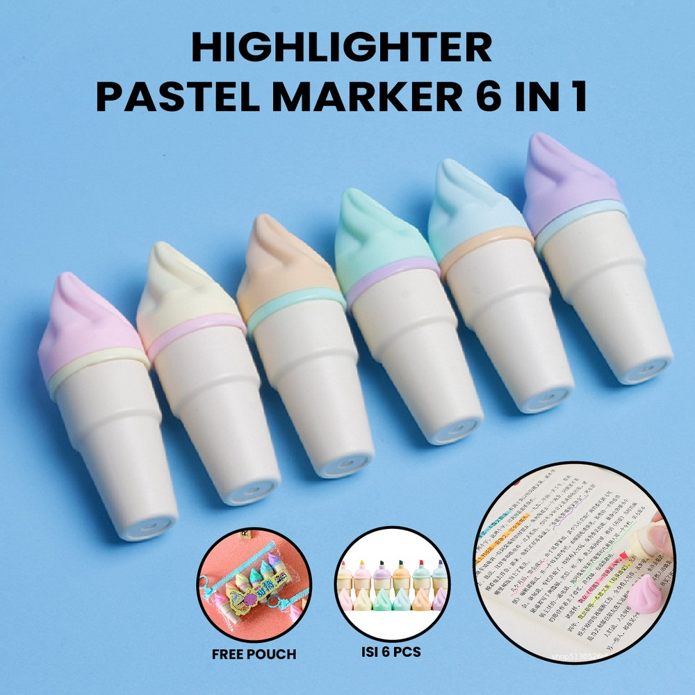 

Highlighter Pen Es Krim Cone Monas 6 in 1 Free Pouch Penanda Berwarna / Spidol Highlighter Model Ice Cream Cone Unik Alat Tulis kantor Stationer A57