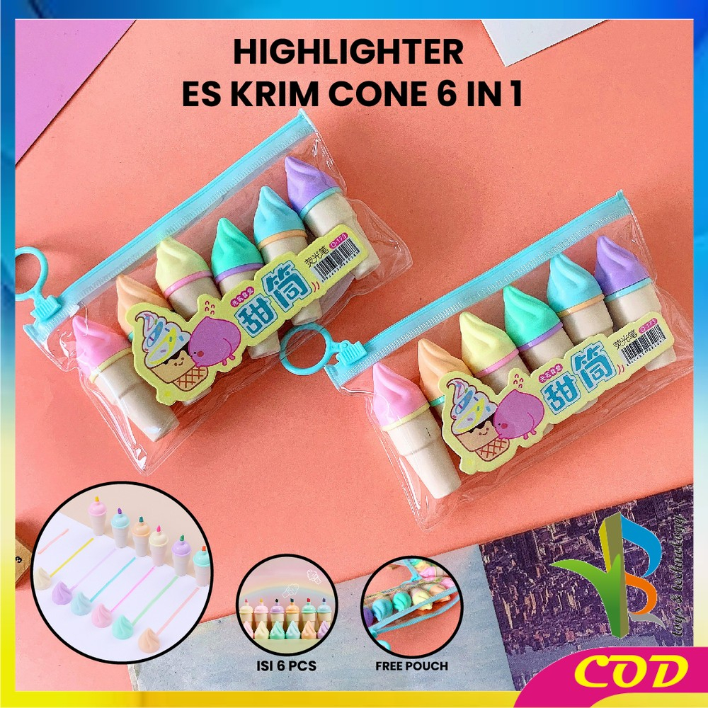 RB-A57 Highlighter Pen Es Krim Cone Monas 6 in 1 Free Pouch Penanda Berwarna / Spidol Highlighter Model Ice Cream Cone Unik Alat Tulis kantor Stationery