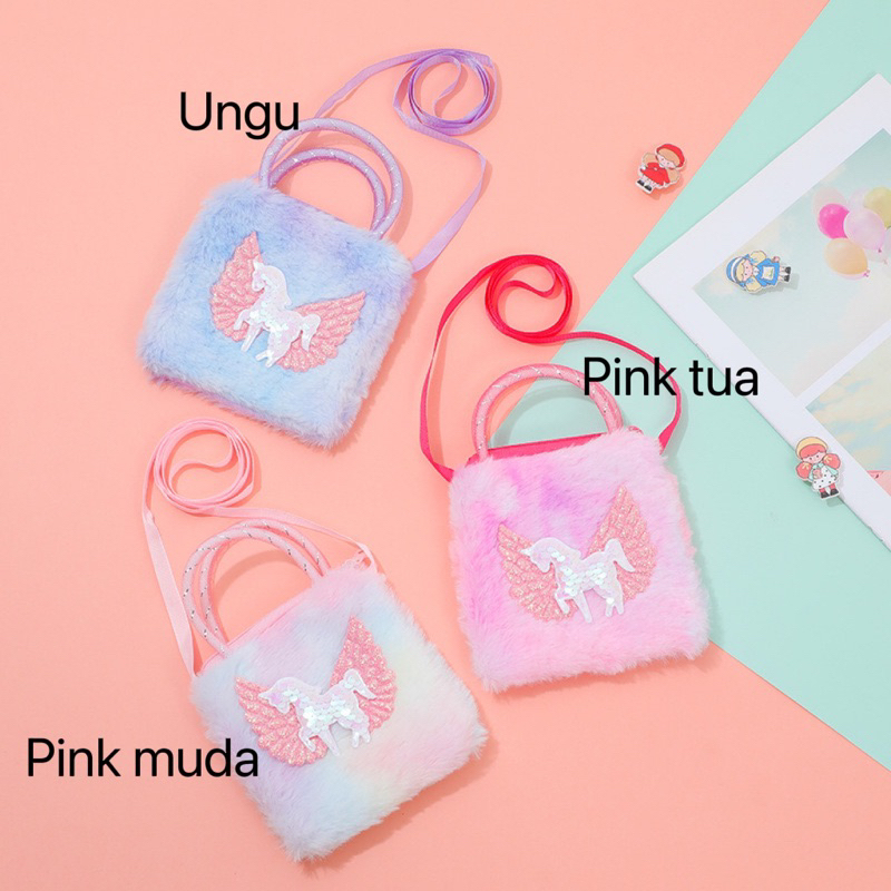 tas selempang unicorn bulu tu086 sling bag anak perempuan