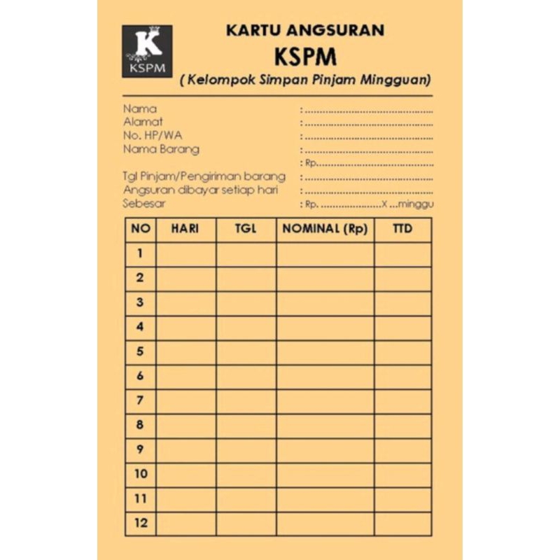 

100 Lembar Kartu Angsuran KSPM
