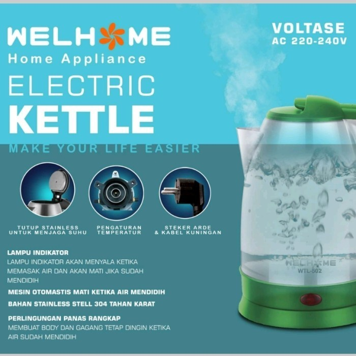 Kettle Teko Listrik 2L Pemanas Air Stainless Otomatis - Welhome WLT-502