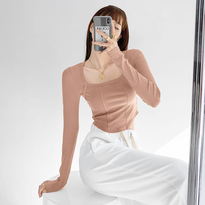 【MISSHONEY】Korean Long Sleeve Square Neck Crop Corset Tee 7307