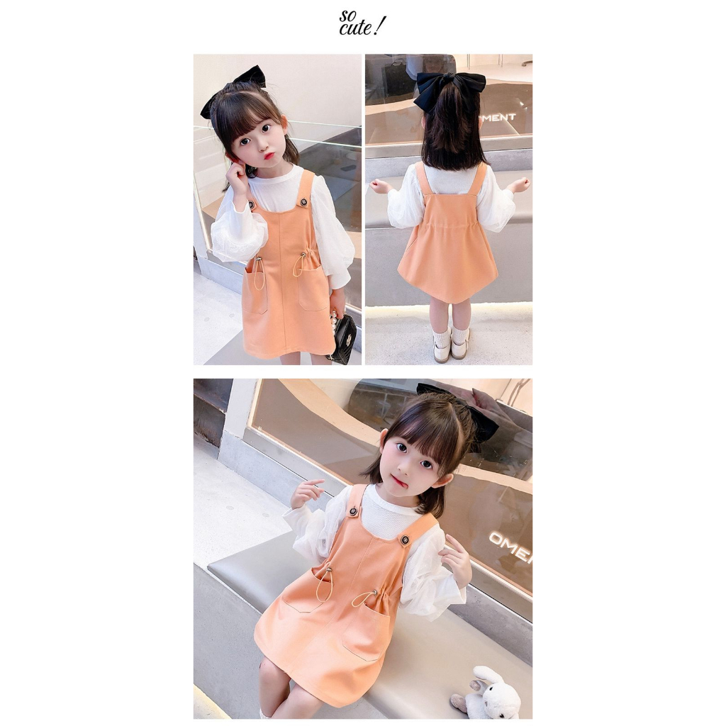 Atasan+Overall Dress Anak Perempuan Fashion Import Motif Saku Tali Serut