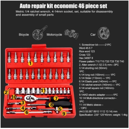 46pc/set socket (1/4 &quot;) Full Lengkap Socket Tool Kit Pas Ring L Motor Mobil kunci shok set