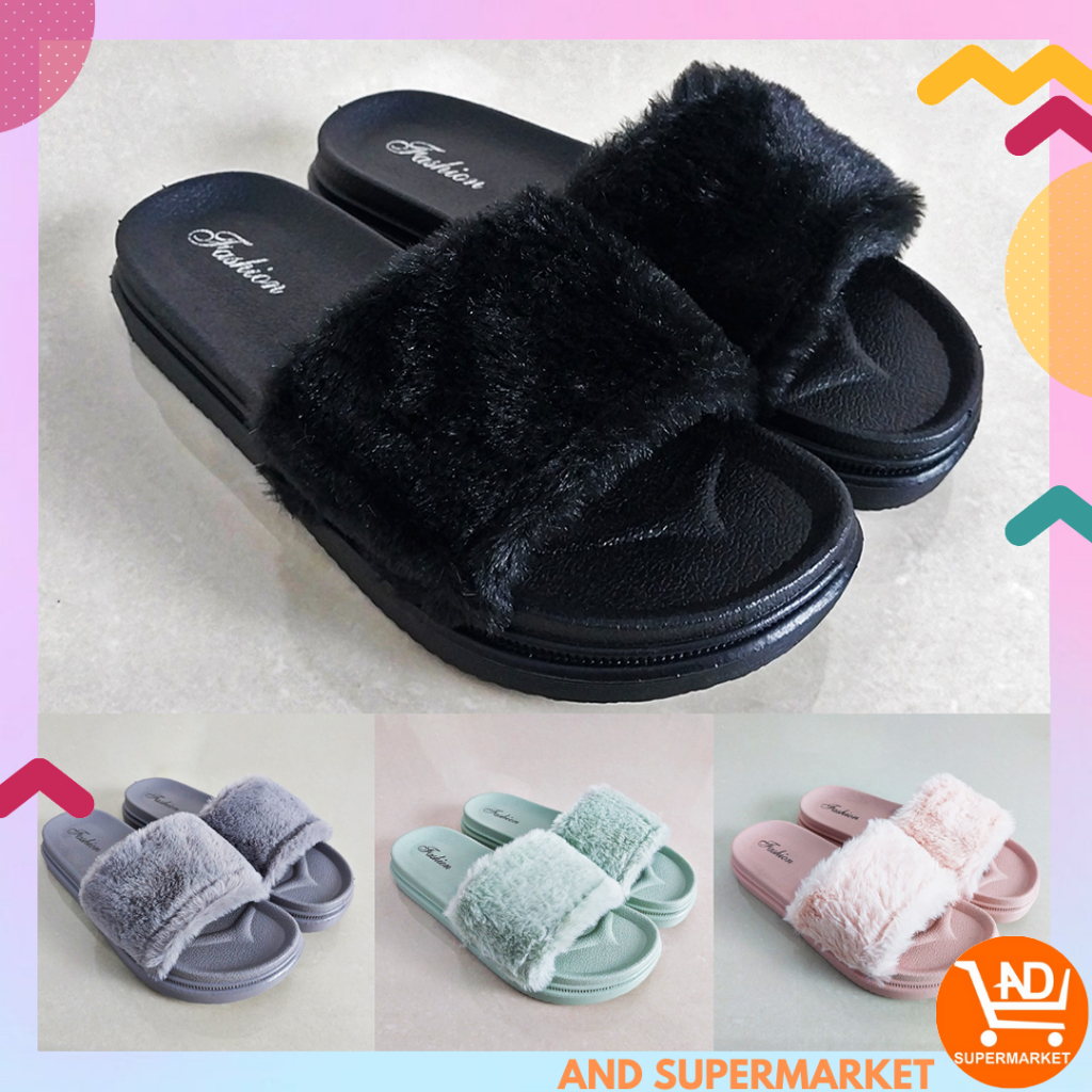 Sandal Wanita Slop Bulu Sandal Jalan Wanita Kekinian Sandal Slop Cewek Fashion Korea Sendal Slip On Perempuan Import SPT-52