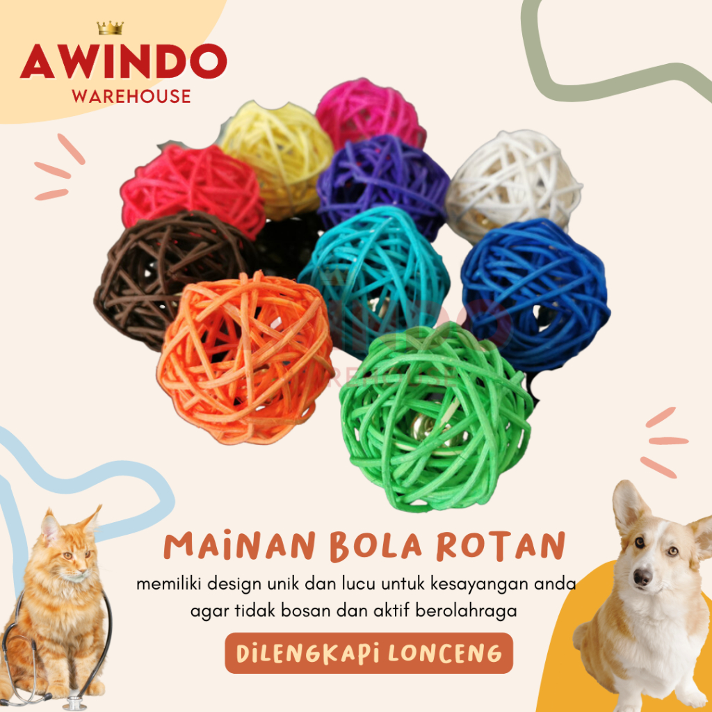 BOLA ROTAN - Mainan Kucing Anjing Bola Lonceng Rotan Tangkap Cat Dog Chaser Toy