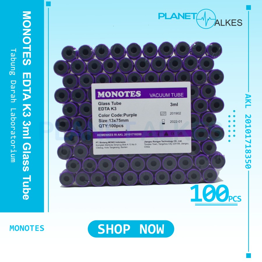 Tabung darah - EDTA 3ml - Vacutainer EDTA Blood Collection Tube Ungu MONOTES Tabung EDTA 100 pcs