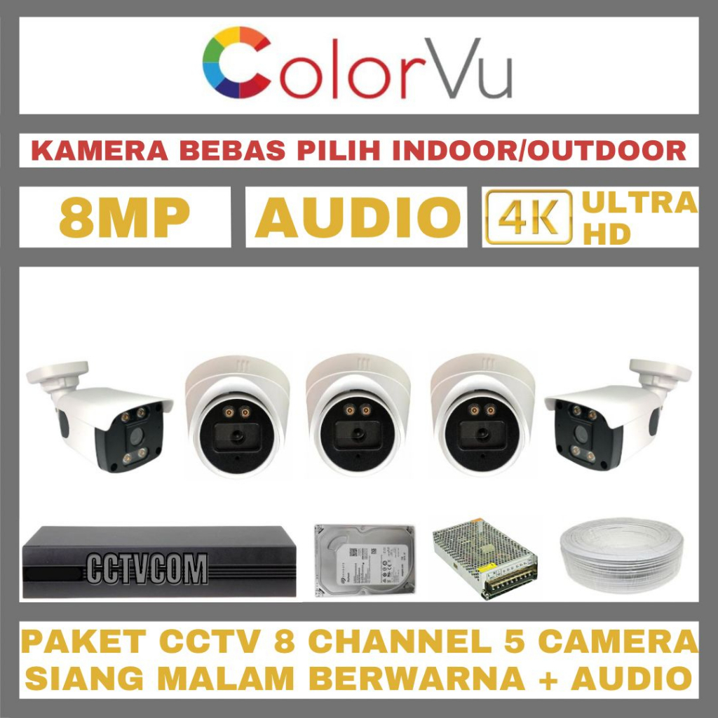 PAKET CCTV COLORVU 8MP 8 CHANNEL 5 KAMERA ULTRA HD 4K CAMERA AUDIO