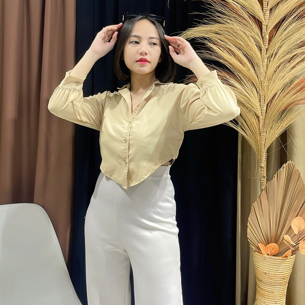 RX FASHION - ATASAN KEMEJA CROP PUFF CHIA LENGAN PANJANG BAJU CROP