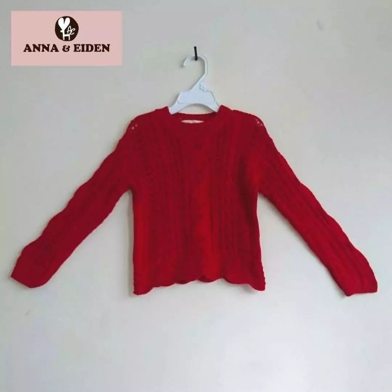 Sweater sweatshirt knit rajut kepang mix anak 3-4 Thn Annna&Eiden merah pl