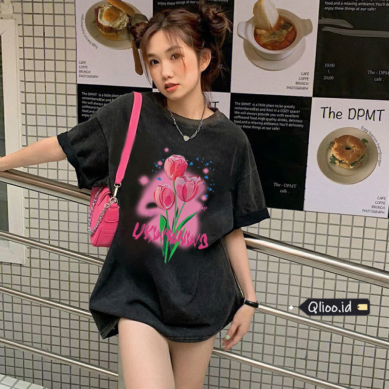 Print Washed T-shirt Kaos Lengan Pendek Oversize Cartoon Pink Flowers Korean Style Atasan Wanita