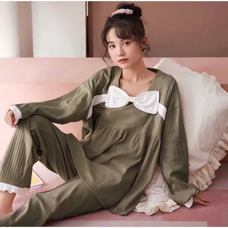 RULIF Piyama Baju tidur Wanita /Oneset SET PIYAMA RIBBON Renda Baju Tidur Wanita Import/Baju Tidur Lengan Panjang/Baju Tidur Bumil