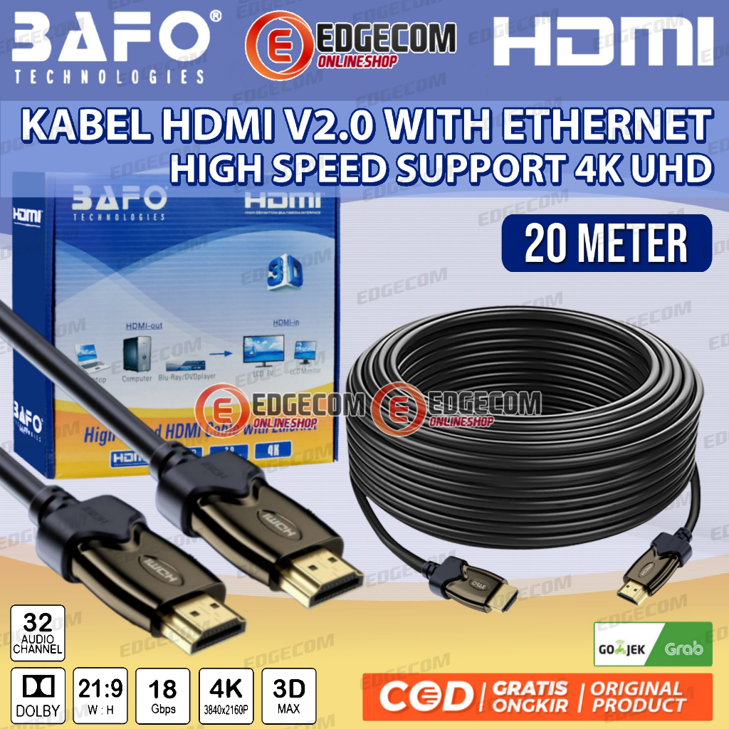 BAFO Kabel HDMI Male to Male 20 Meter V2.0 4K Gold Plated